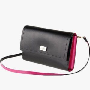 Kate Spade Magenta Black Crossbody Shoulder Wallet Purse Logo Flaw